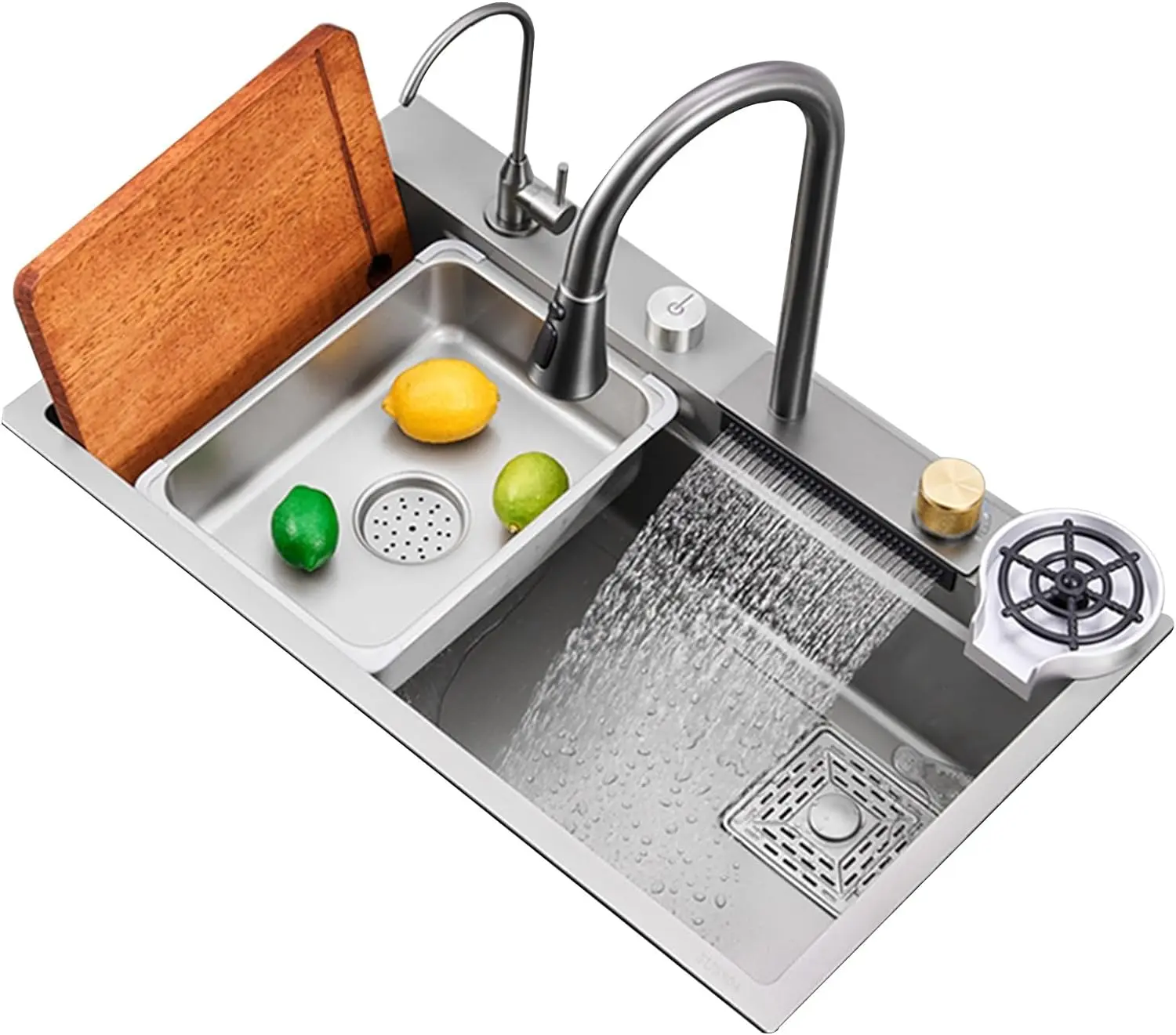 Bronstarz 31.5*18 INCH Nano Gunmetal Gray  Flying Rain Drop In Stainless Steel Watefall Kitchen Sink  Single Bowl w Pull Down Faucet Set