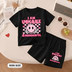 Girls' Smiley Face Graphic Short-Sleeve T-Shirt And Shorts Set, Casual Summer Two-Piece Outfit With Crew Neck Top And Comfortable Shorts For School, Travel And Daily Wear