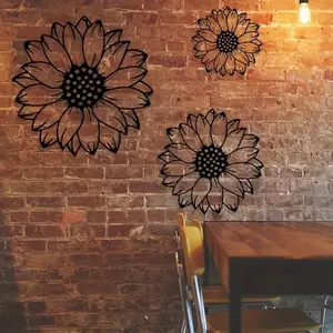 3-Piece Sunflower Metal Botanical Wall Art, Rustic Garden Decor, Outdoor Fence Hanging Ornament, Home, Living Room, Bedroom, Patio, Porch Decoration, 2D Flat
