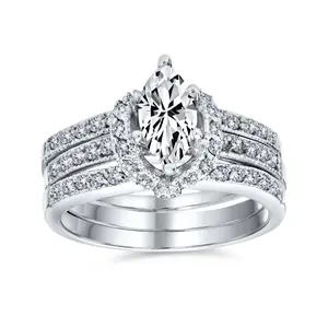 2CT CZ Halo Solitaire Marquise Baguette Band Bridal Ring Set Wedding Rings