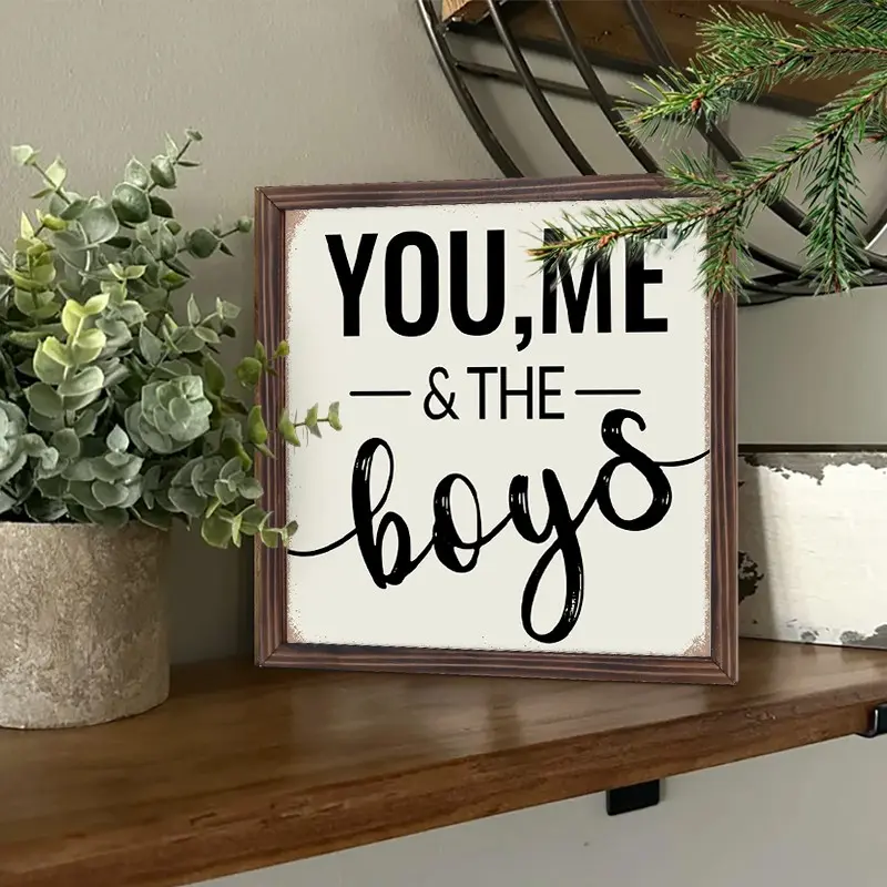 You Me & The Boys Sign, Decorative Sign, Modern Minimalist Framed Wooden Sign, Wooden Plaque Sign, Wooden Letter Sign, Desktop Decoration for Home Bedroom Office Wall Shelf, Home Decor Products, Indoor Home Decoration