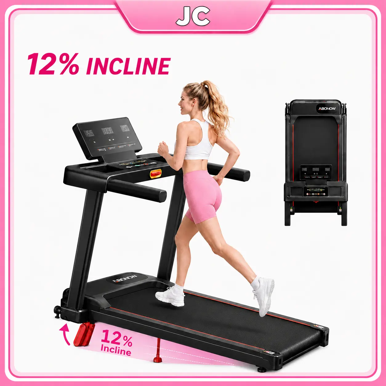 JC Foldable Frame Treadmill with Adjustable 12% Incline, 3.0HP Quiet Motor, Walking Pad, LED Stats at Glance, Mobility Wheels, 300lbs Weight Capacity - Home Workout Equipment for Cardio, Treadmills for Home