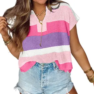 Znacicc Womens Multicolour Stripes Color Block Notch V Neck Sweater T Shirt  Going Out Dressy Blouse Tops
