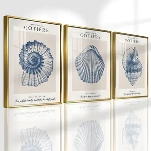3 Counts Aluminum Alloy Framed Painting, Blue Seashell Art Prints, Home Decoration For Living Room, Bedroom, Office, Restaurant, Hallway Wall Decor, Odorless Print Artwork, Luxury Perfect Gift For Friends And Family