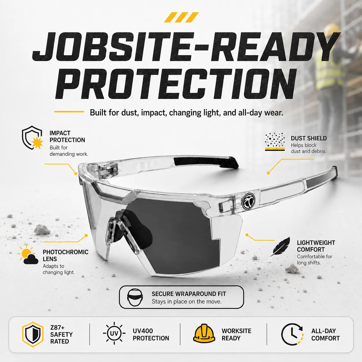 Safety Glasses Z87 for Men, UV400 Protective Sunglasses, Wraparound Work Glasses for Outdoor & Everyday Use