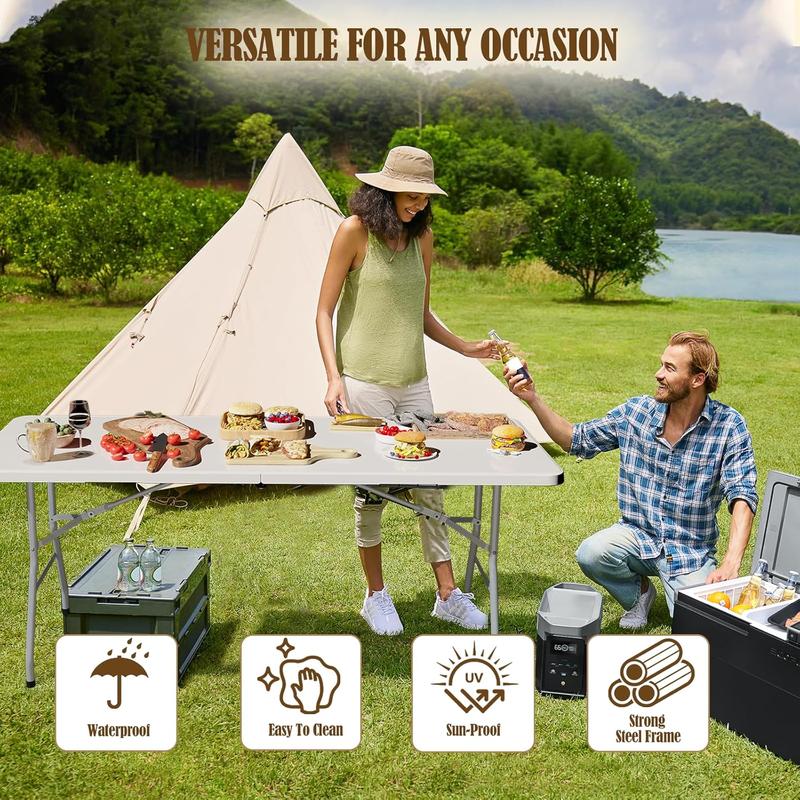 6FT Folding Table for Indoor Outdoor Portable Heavy Duty Fold-in-Half Plastic Dining Picnic Party Camping Table with Carrying Handle