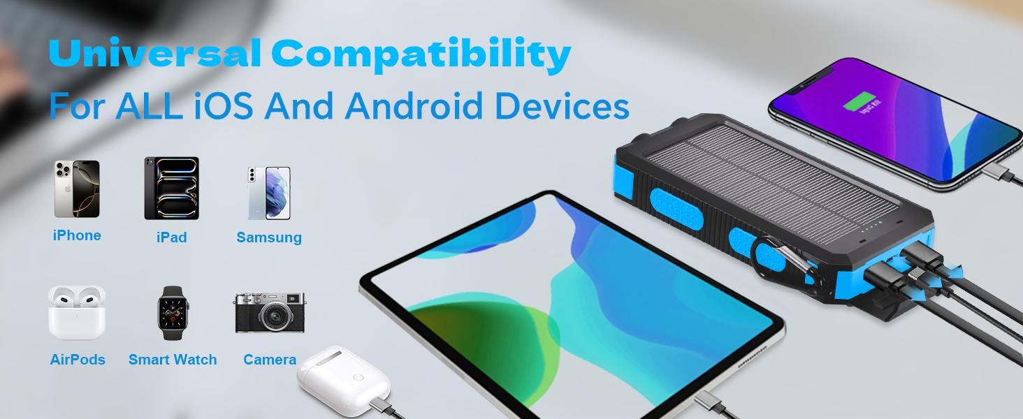 Solar Charger Power Bank 20000mAh, Portable Charger, 4 Cables 3 Ports Fast Charging External Battery Pack with USB C for Cell Phones, Solar Panel Charger with Dual Flashlight for Camping power bank power bank charger battery power bank Waterproof Compass,