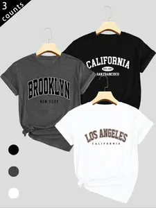 Women's Letter Print Round Neck Tee, Casual Fashion Short Sleeve Fitted T-shirt for Daily Wear, Ladies Clothes for Summer