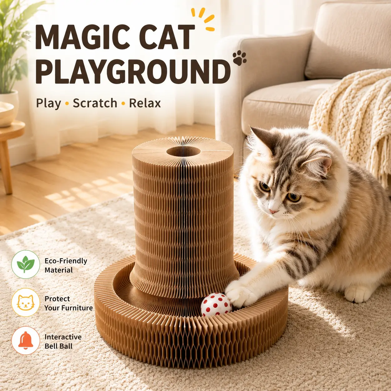 Cat Scratcher Pad, Foldable Cardboard Cat Scratch Board with Bell Ball, Interactive Cat Toy for Indoor Cats, Furniture Protector, Corrugated Scratching Pad for Kittens & Adult Cats