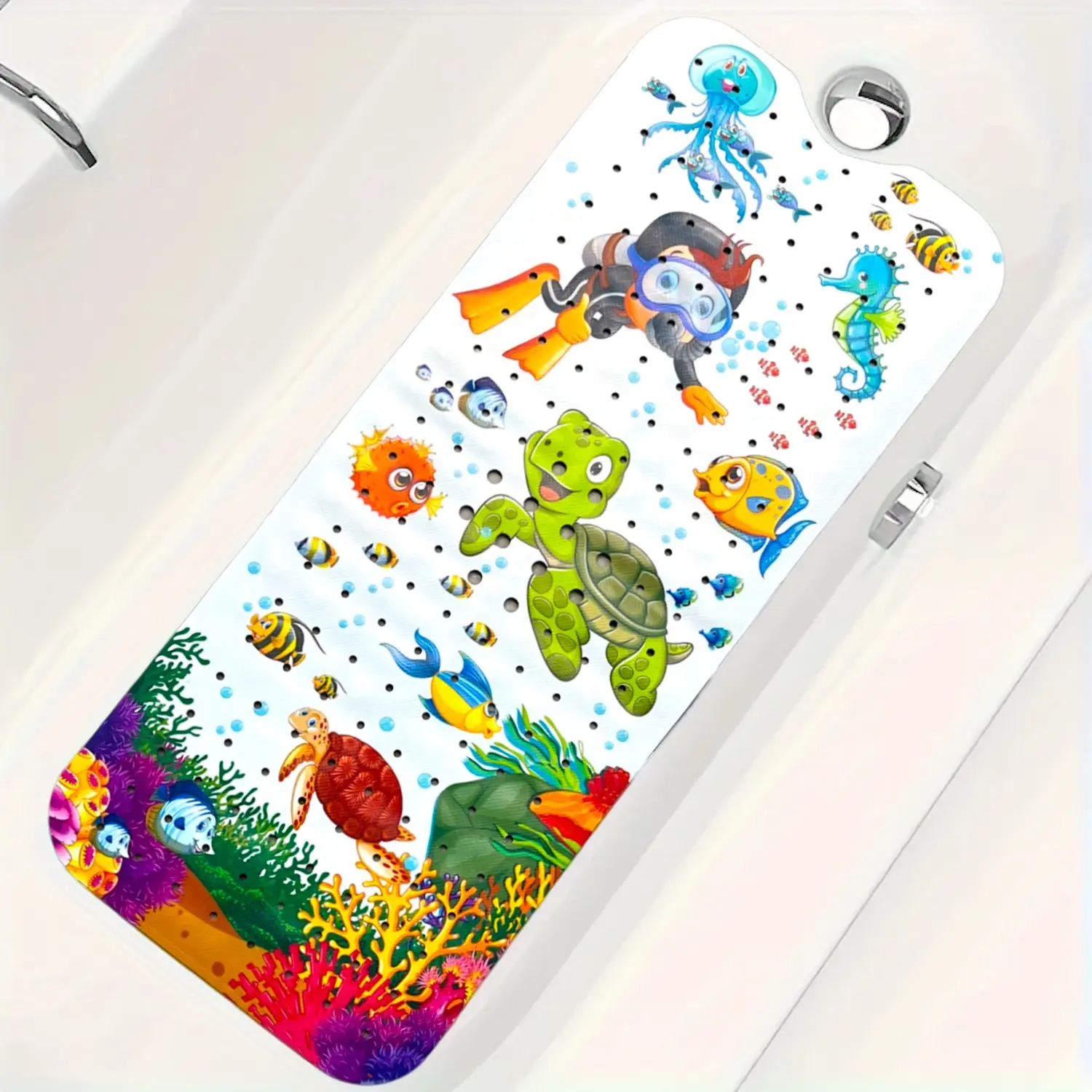 1pc Baby Bath Mat for Tub Kids Non Slip Bathtub Mat Extra Long 40X16 Inch PVC Shower Mat Toddler Anti Slip Bathroom Tub Mat with Suction Cups & Drain Holes (Sea World), Machine Washable, Cartoon, Turtle Diver, Sea Turtles And Divers