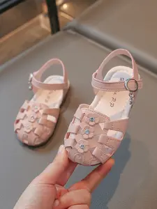 Rhinestone Flower Girl Sandals, Sweet Princess Style, Casual Solid Pattern, Ideal for Daily Wear, Outdoor Play, Kindergarten School, Kid Sandals