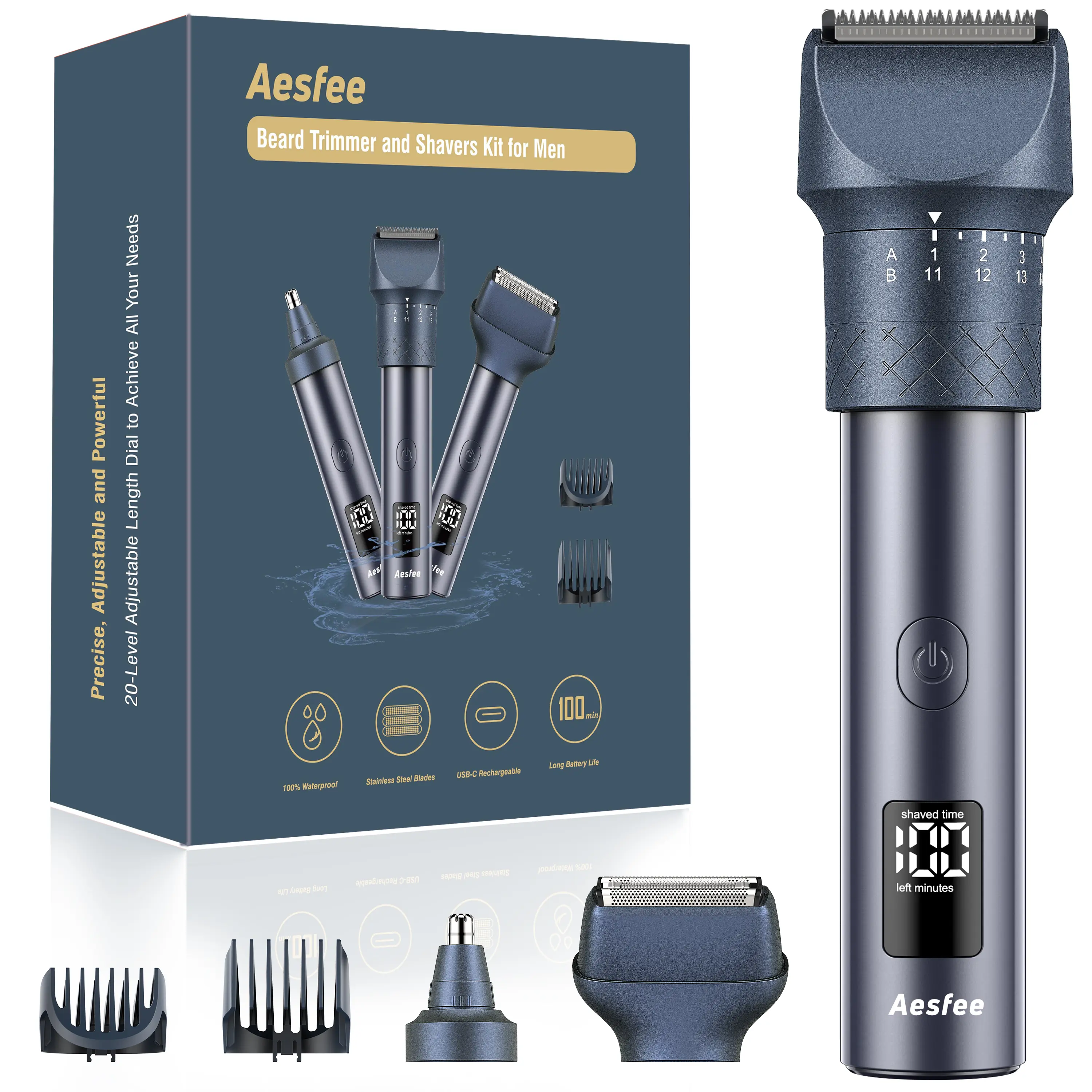 Hair Clippers and Beard Trimmer Set for Men, Precision Dial Adjustable 20 Lengths, 3-in-1 Professional Men's Electric Razors Shaving Kit with Nose Trimmer, IPX7 Waterproof Wet/Dry, USB-C Rechargeable