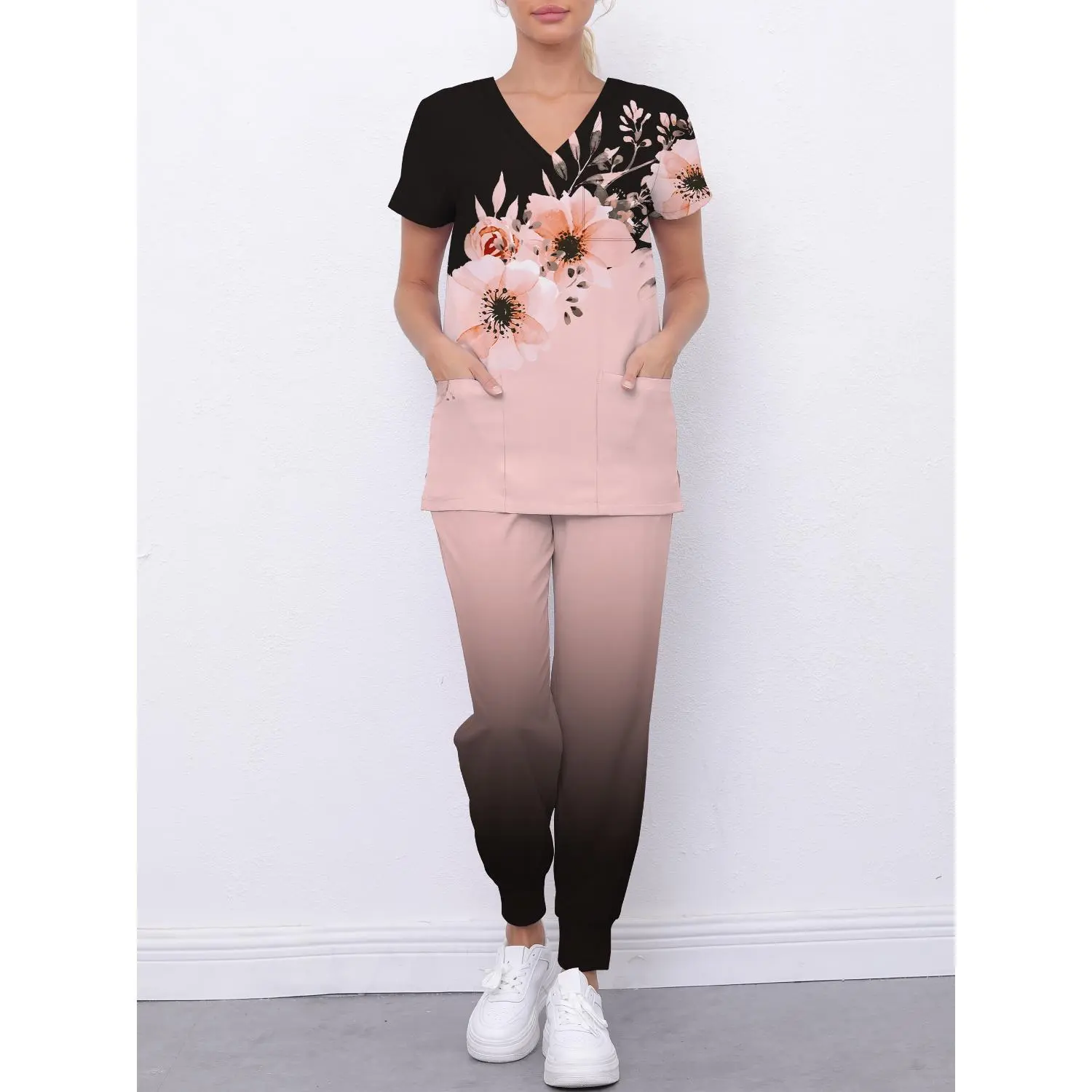 Women's 2-Piece Breathable Printed Workwear V-Neck Top with Pockets and Cuffed Pants Set