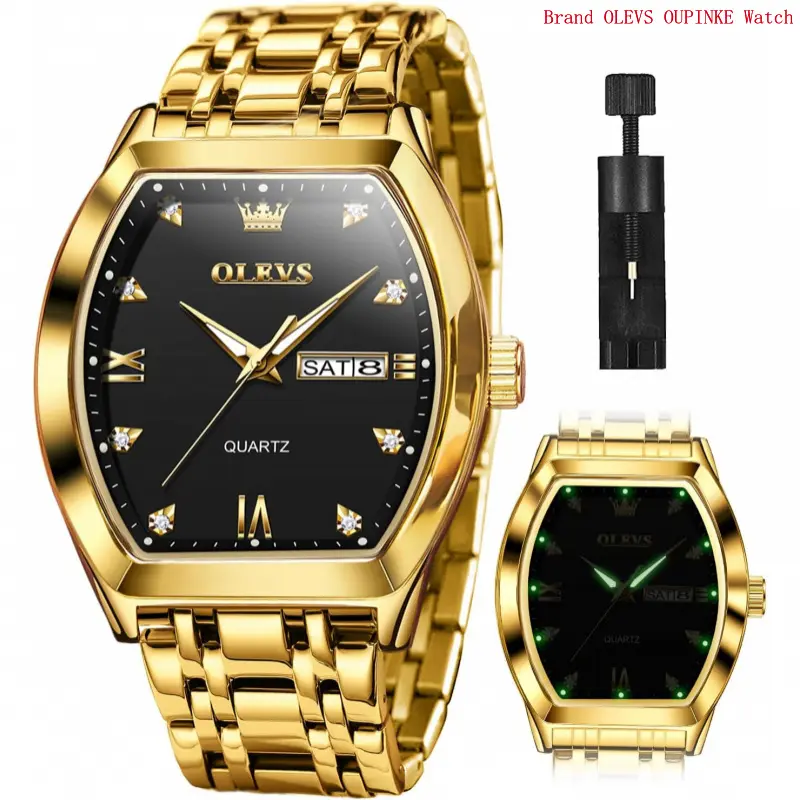 Brand OLEVS Men Watches Square Business Dress Diamond Analog Quartz Date Luxury Watch for Men Casual Stainless Steel Waterproof Luminous Two Tone Wrist Watch