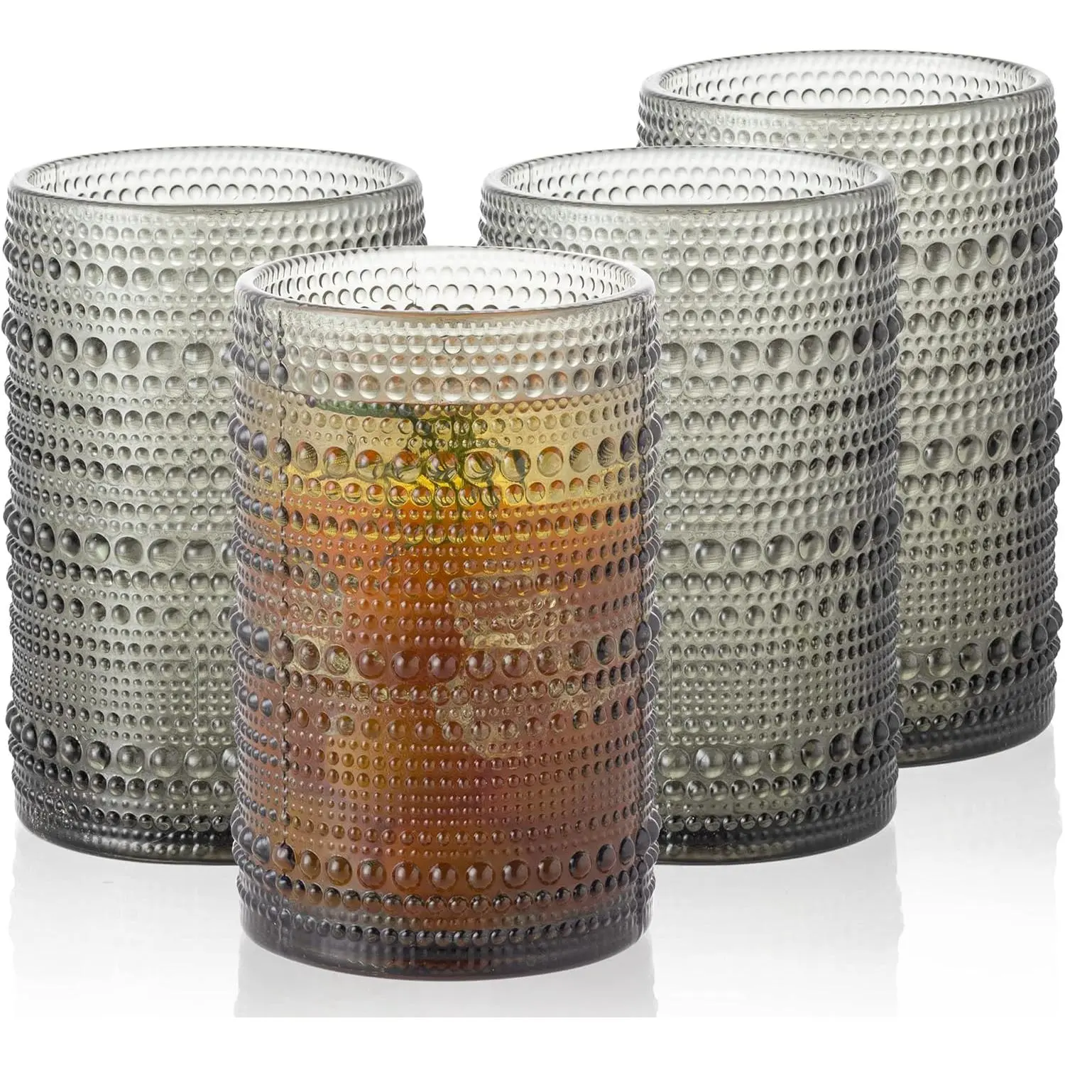 4 count Gray 15.2oz Hobnail Glass Cups - Elegant & Textured Drinking Glasses for , , Soda, Juice - Sophisticated Monochrome Collection, Ideal for Home Bar