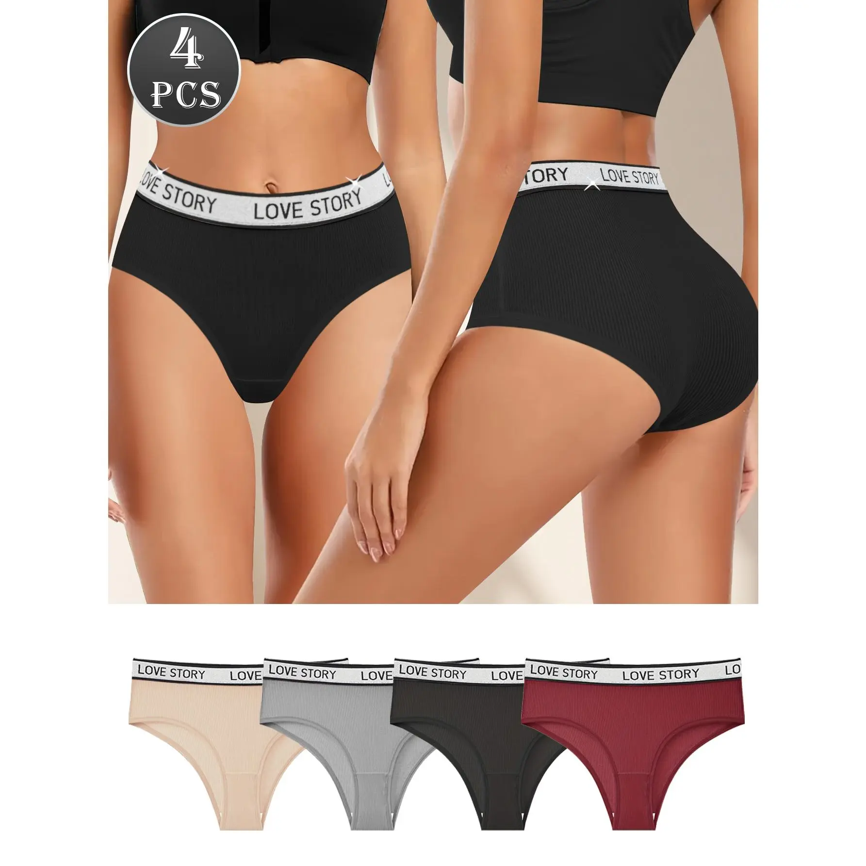 QUASTI Women's 4PCS Mid-Waist Aesthetic Printed Letter Cotton Panties - 4 Mix Colors, Soft, Comfortable, Lightweight Seamless Skin-Friendly Breathable Lady's Underwear for Daily Wear, S-XXL (Women's Clothes, Clothes) summerwins