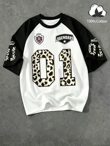 Men’s and women’s style, urban streetwear design, black and white contrast sleeves, 100% cotton, relaxed fit, short-sleeved T-shirt. Leopard print and numerical design. Y2K retro urban streetwear and collegiate style short-sleeved top. Perfect for casual