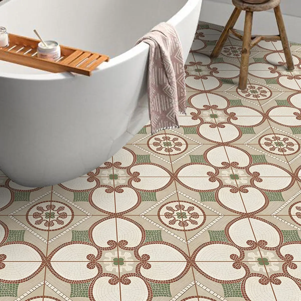 10pcs Vintage Mosaic Style Floor Stickers, Self-Adhesive and Removable, Versatile Sizes for Bathroom, Balcony, Living Room, and Kitchen Decor, Home Decor