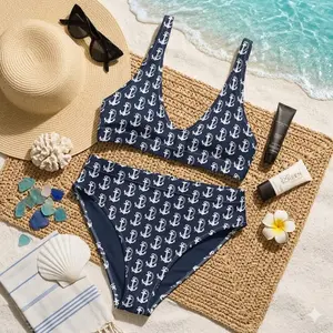 Nautical Bikini Set - Dark Blue Bikini Set With Anchors, Navy Bikini With Anchors, Anchor Bikini, Navy High Waist Bikini, Lined Bikini