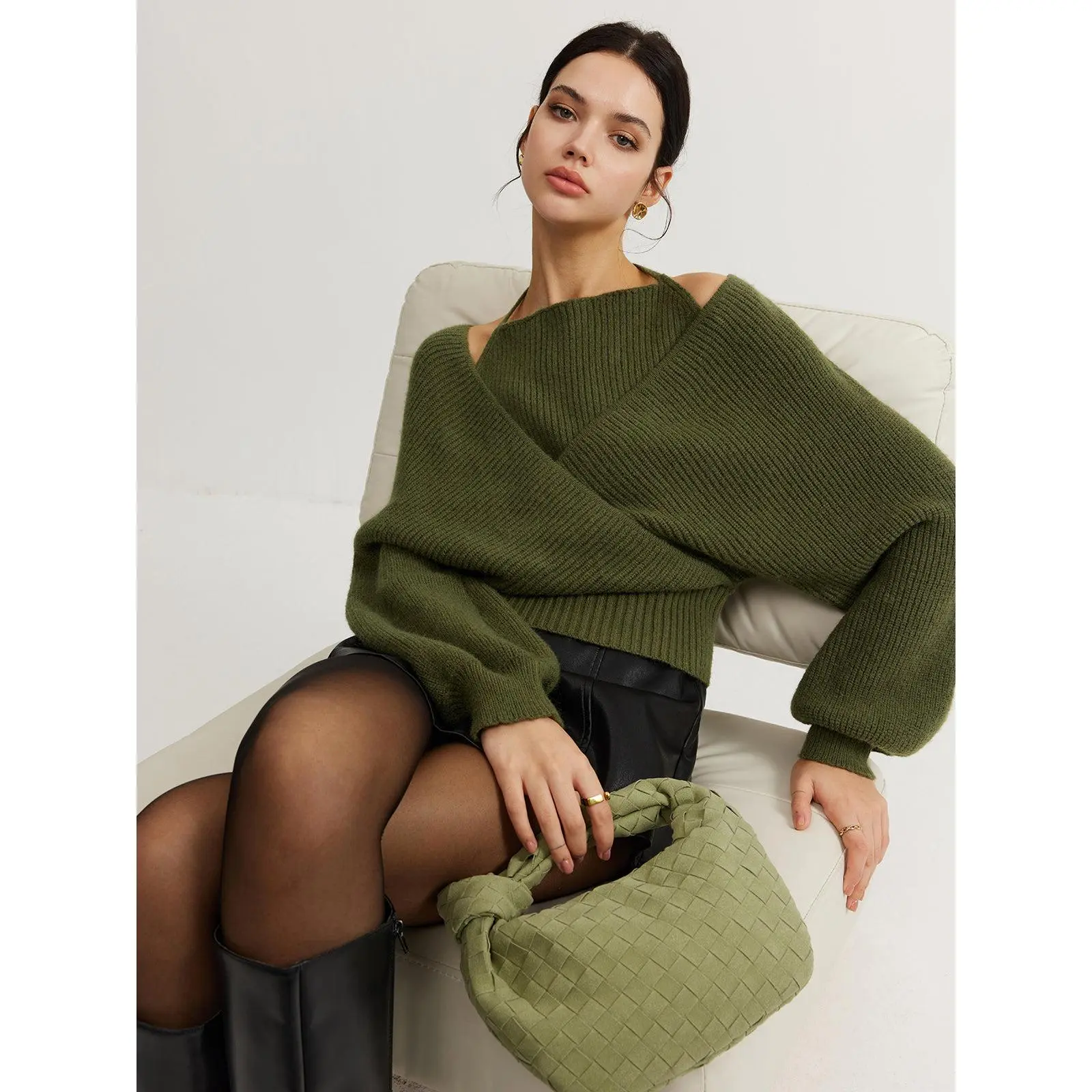 2 in 1 Bat Sleeve Halter Knit Top