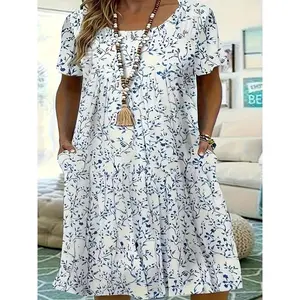 Plus Size Floral Print Pocket Round Neck Short Sleeve Summer Dress, Women’s Plus Size Everyday Wear, Bohemian Print Dresses GARMENTARY