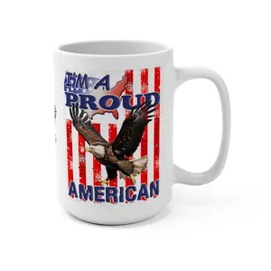 I'm a Proud American. 15oz Coffee Mug, Tea Cup. Bald Eagle, American Flag. Back to school Gift.