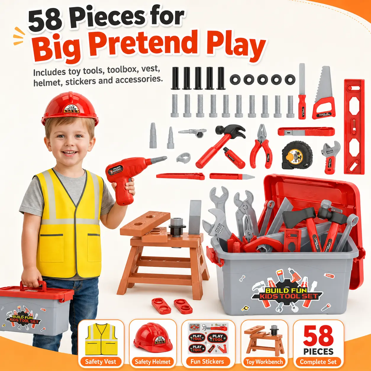 58-Piece Kids Tool Set with Storage Toolbox, Pretend Play Construction Toy Kit with Toy Drill, Vest, Helmet & Stickers, Builder Role Play Gift for Boys and Girls