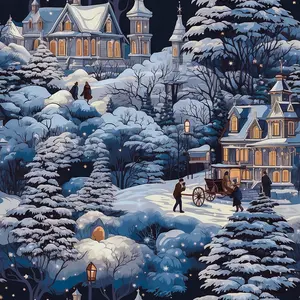 Blue Christmas Snowy Winter Village Wrapping Paper Christmas Themed