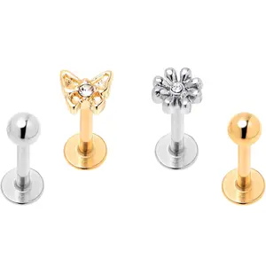 16G 5/16 Clear Gem Gold Tone Flower Butterfly Labret Set of 4