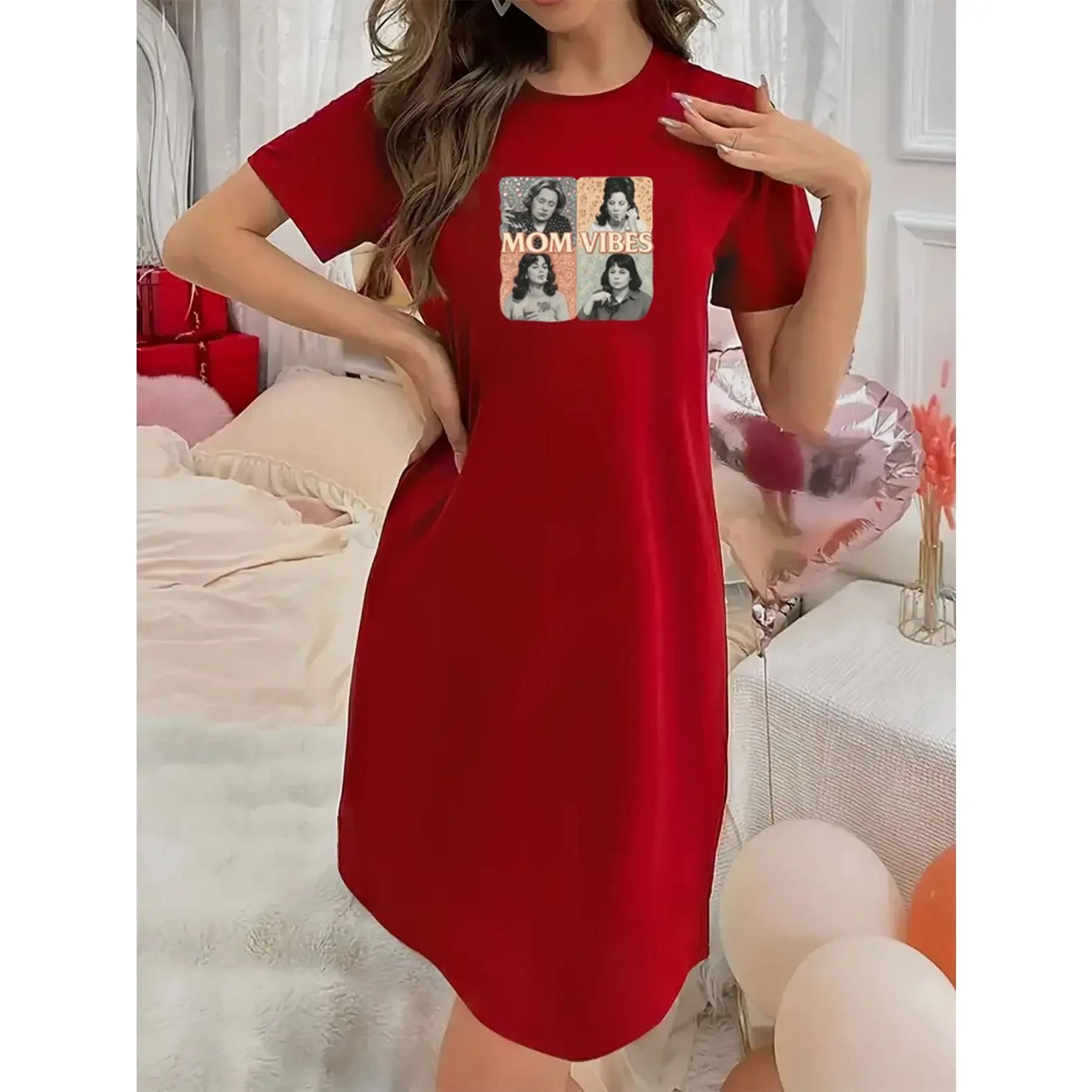 Soft Micro Stretch Women's Lingerie Mom vibes Printed Short Sleeve Round Neck Nightgown Sexy Elegant Young Style Women's Valentine's Day Dress Mother's Day Christmas Thanksgiving New Year Gift Ideas