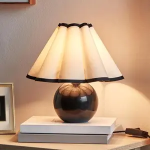 Brightech Blair LED Table Lamp - Small Modern Black Table Lamp with Marble Base, Pleated Shade for Bedroom, Bedside, Living Room - Ambient Night Light with Soft White Light