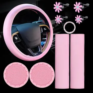 10 Pcs Leather Steering Wheel Cover Set for Women 14.5-15 Inch Car Accessories with Seat Belt Shoulder Pad Seatbelt Cover Cup Holder Start Button Ring Sticker Air Vent Clip(Pink)