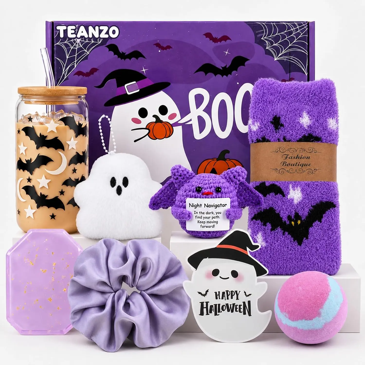 Boo Basket Stuffers for Women Halloween Gifts for Women | 8 Pcs Halloween Spooky Gifts with Crochet Boo Basket for Women Teens Girls Her Sister Friend Audlts with Halloween Glass Cup