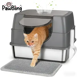 Stainless Steel Litter Box with Lid, Side Entry Large Enclosed Cat Litterbox for Kitty & Multi-Cat, Flip Cover Easy to Clean, High Sided Metal Cat Litter Pan with Scoop, Mat, Anti-Leakage, Non-Sticky