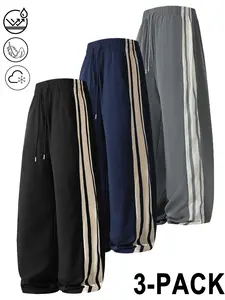 3-pack men’s ice silk striped wide-leg pants—breathable, quick-drying, drawstring waist casual pants suitable for summer sports and everyday wear. Men’s ice silk casual pants with breathable, quick-drying fabric, side stripe design, loose tapered legs. Ve