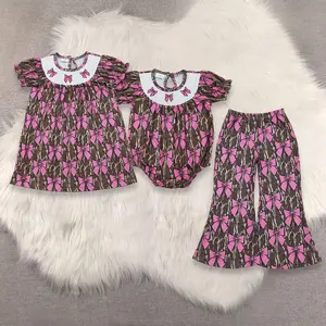 New cute smocks Sibling Camo Baby Girls Dress Short Sleeves Bow Smocked Pink Bows Elastic Waist Kids Romper Outfit