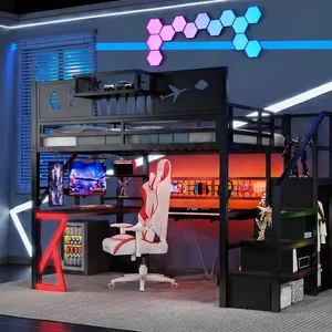 ARCH Full Size Metal Loft Bed with Stairs, High Guardrails, Storage Shelf, Desk, Wardrobe, LED Light, Charging Station - Black Metal Bed Frames, Space-Saving Multifunctional Bedroom Furniture for Kids Teens