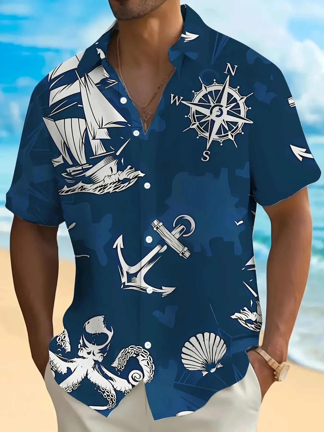 Men's Casual Anchor Print Short Sleeve Shirt, Blue Nautical Design, Perfect for Beach Vacations, Boho Style, Loose-Fitting, Polyester Fabric