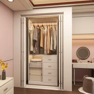 Wooden Closet System Storage Stand-Alone Wardrobe with 4 Drawers Closet Organizer Armoires and Wardrobes with Hanging Rail White