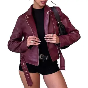Women's Faux Leather Jacket Burgundy Fitted Long Sleeve Zipper Pockets Asymmetrical Collar Vintage Motorcycle Style Fall Winter Fashion Coat Tops Basic Minimalist