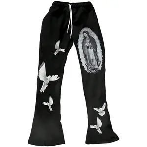 Men's Streetwear Graffiti Hip Hop Trousers with Dove & Virgin Mary Print Loose Fit Straight Wide Leg Unisex Couple Style January Clothing