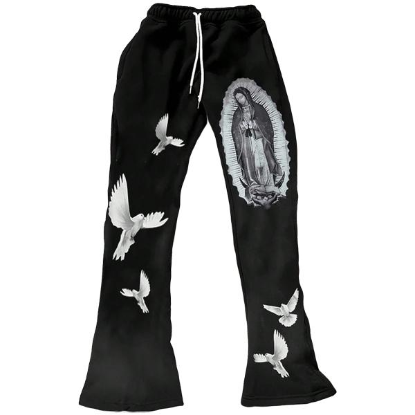 Men's Streetwear Graffiti Hip Hop Trousers with Dove & Virgin Mary Print Loose Fit Straight Wide Leg Unisex Couple Style January Clothing