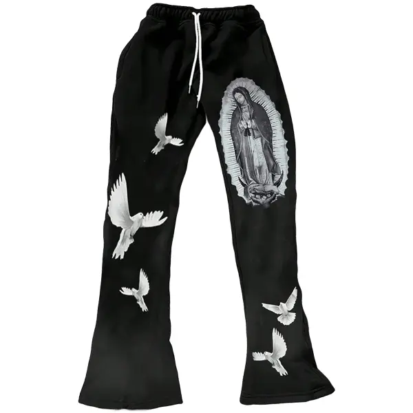 Men's Streetwear Graffiti Hip Hop Trousers with Dove & Virgin Mary Print Loose Fit Straight Wide Leg Unisex Couple Style January Clothing