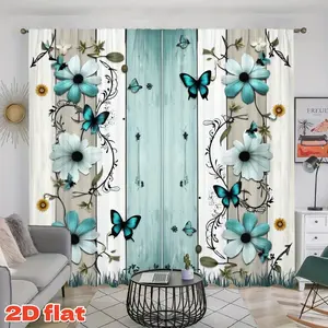 2D 2Pcs Nature-Inspired Butterfly & Floral Print Curtain Panels, Interior Decoration Accessories, Rustic Wood Grain Design, Rod Pocket Style, Semi Sunshade, Suitable for Home Living Room, Bedroom, Balcony, Shower Window Decoration, Decor, Home Textile