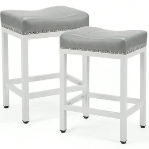 Bar Stools Set Of 2, 24 Inch Counter Height Bar Stools, Upholstered Modern Kitchen Barstools With Metal Base, PU Leather Saddle Stools For Kitchen Island, Grey Curved Back Dining Chairs Kids Plush Rocking Horse