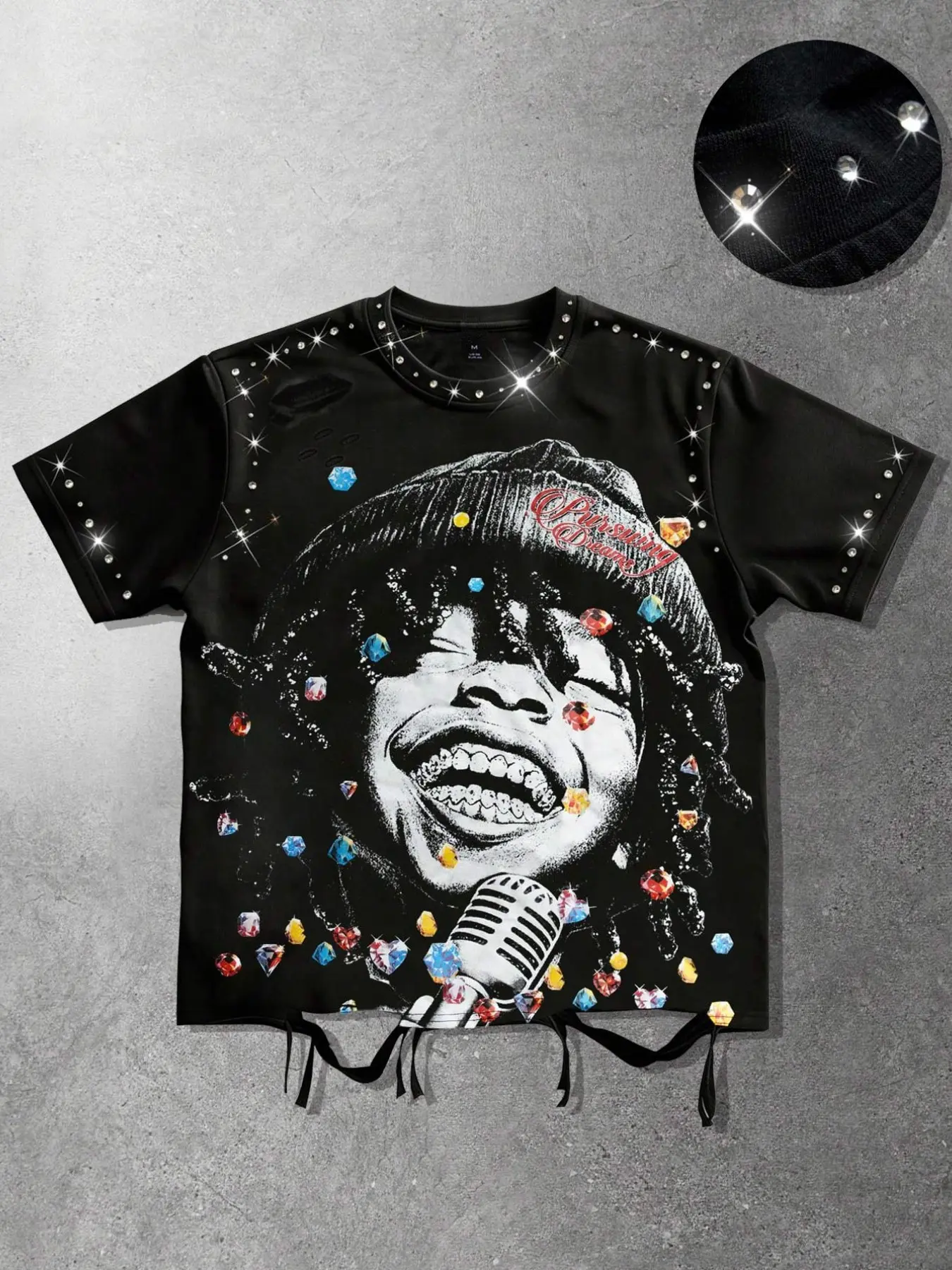 Music Festival Short sleeved Round Neck Men's and Women's T-shirts, Fashion Streetwear, Rap Singer Printed Diamond Singing Pattern Summer Geometric Hole Y2K, Menswear