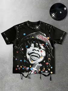 Music Festival Short sleeved Men's and Women's T-shirts, Fashion, Rap Singer Printed Diamond Singing Pattern Summer Geometric Hole Y2K