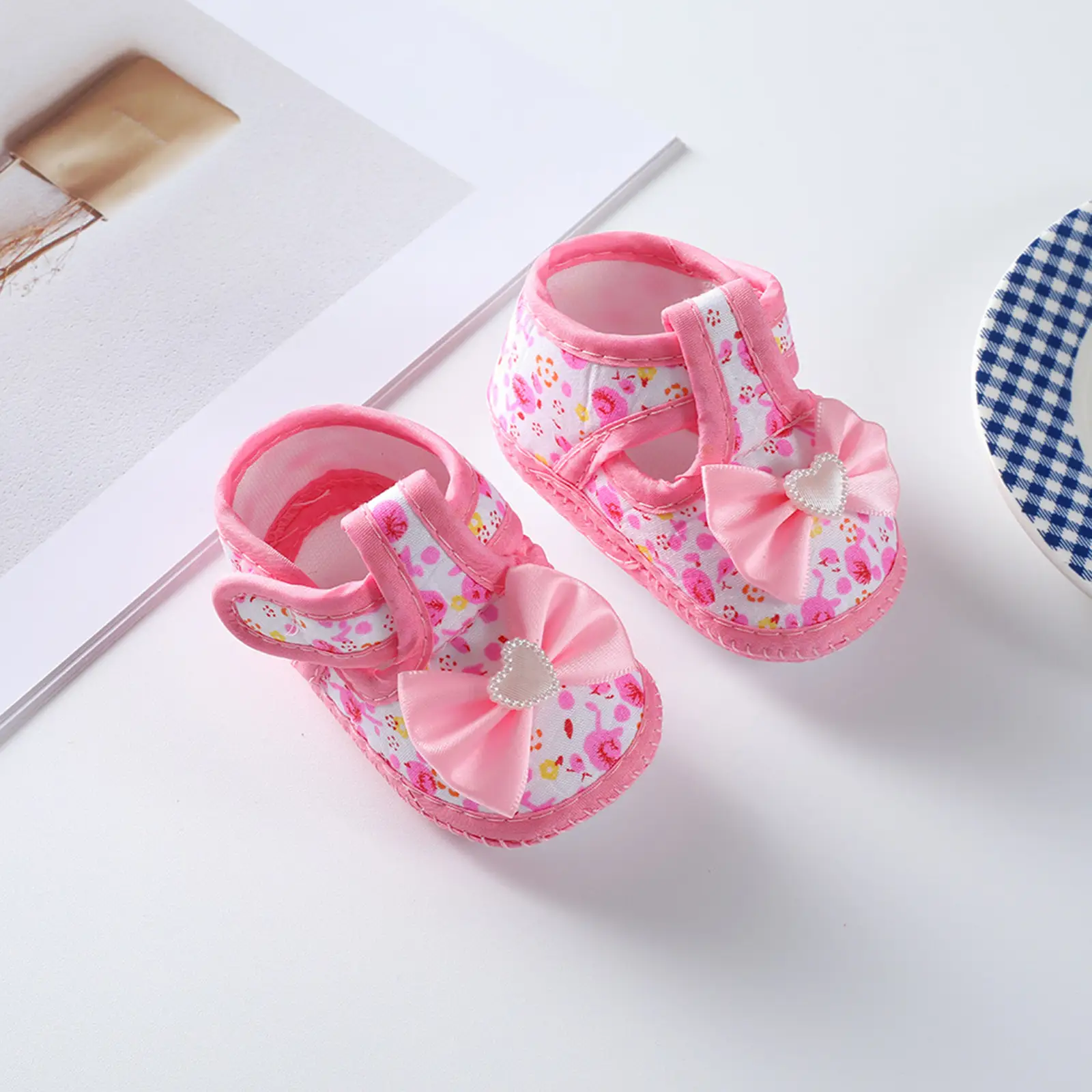 Baby Girls Cute Flat Shoes, Soft Sole Bowknot Flower Print Non-slip Indoor Outdoor Toddler Shoes#Springtok