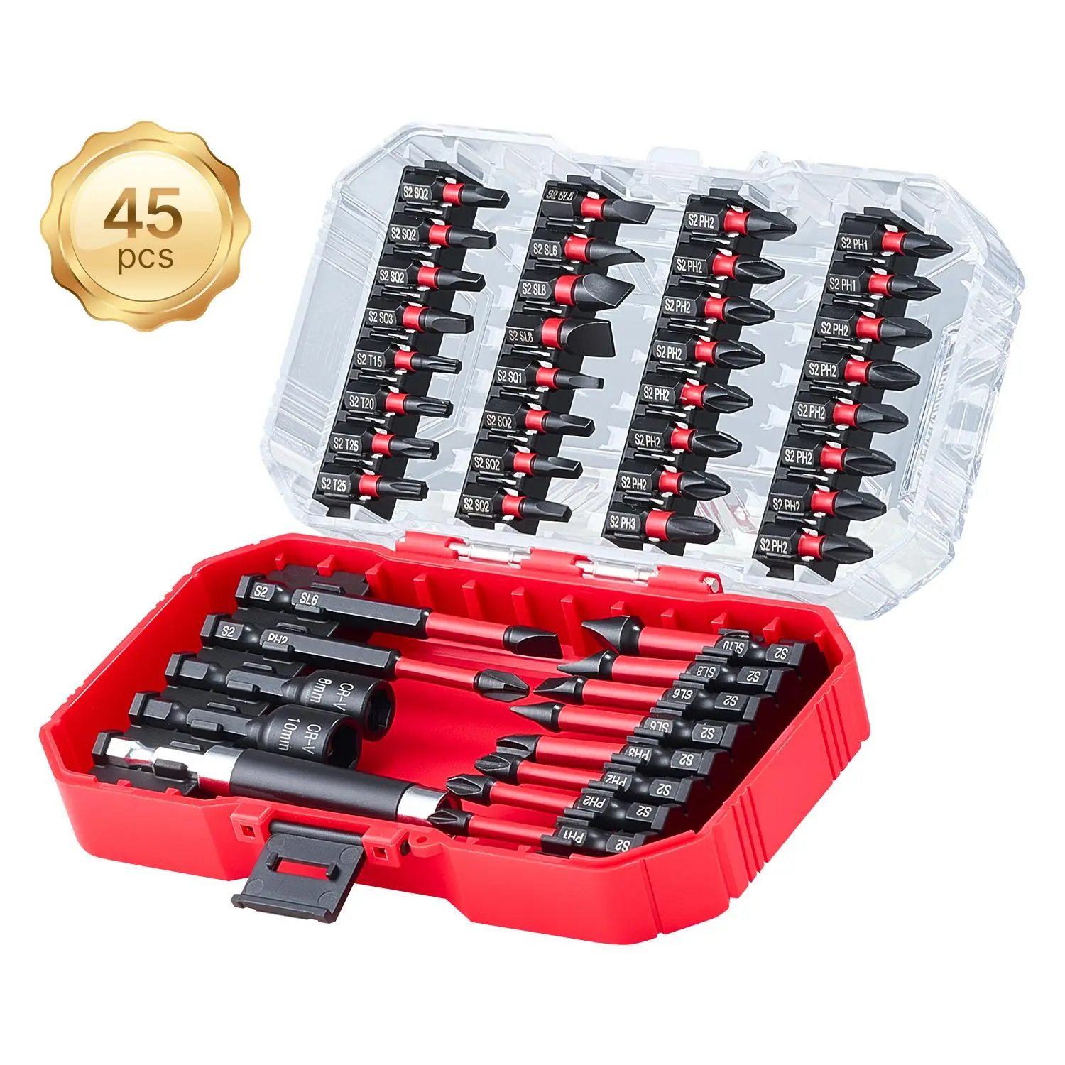 VEVOR 45-Piece Magnetic Bit Set Tools, Multi-Size Phillips, Slotted, Square, Torx Bits & Hex Nut Sockets with Extension Rod, High-Strength S2 Alloy Steel, Blackened Finish, Transparent Storage Case