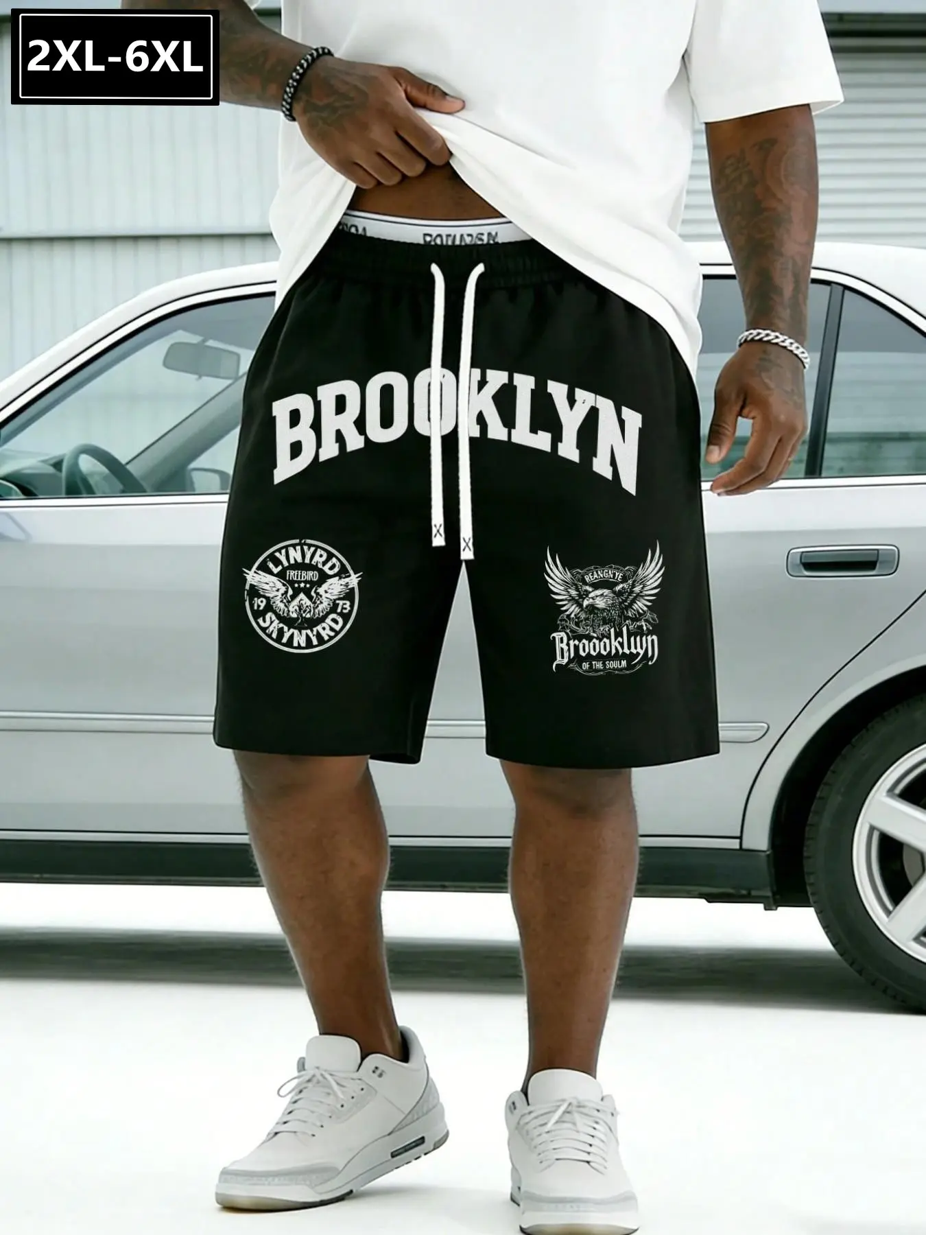Large Size Oversized Men's Brooklyn Eagle Print Shorts, Casual Loose Fit Baggy Sporty Pants, Breathable Cotton Blend, Vintage Design, Versatile Streetwear